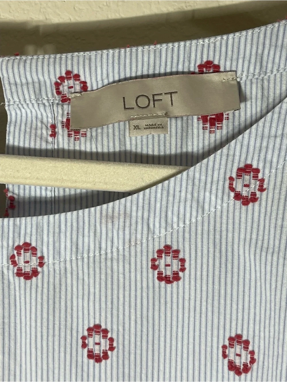 LOFT Floral Puff Sleeve Blouse Blue Striped Red Print XL